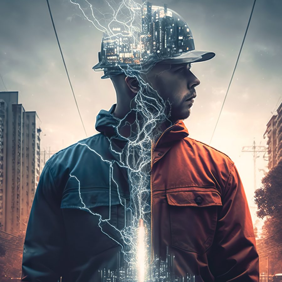 Male electrician in a protective helmet on the background of the city.